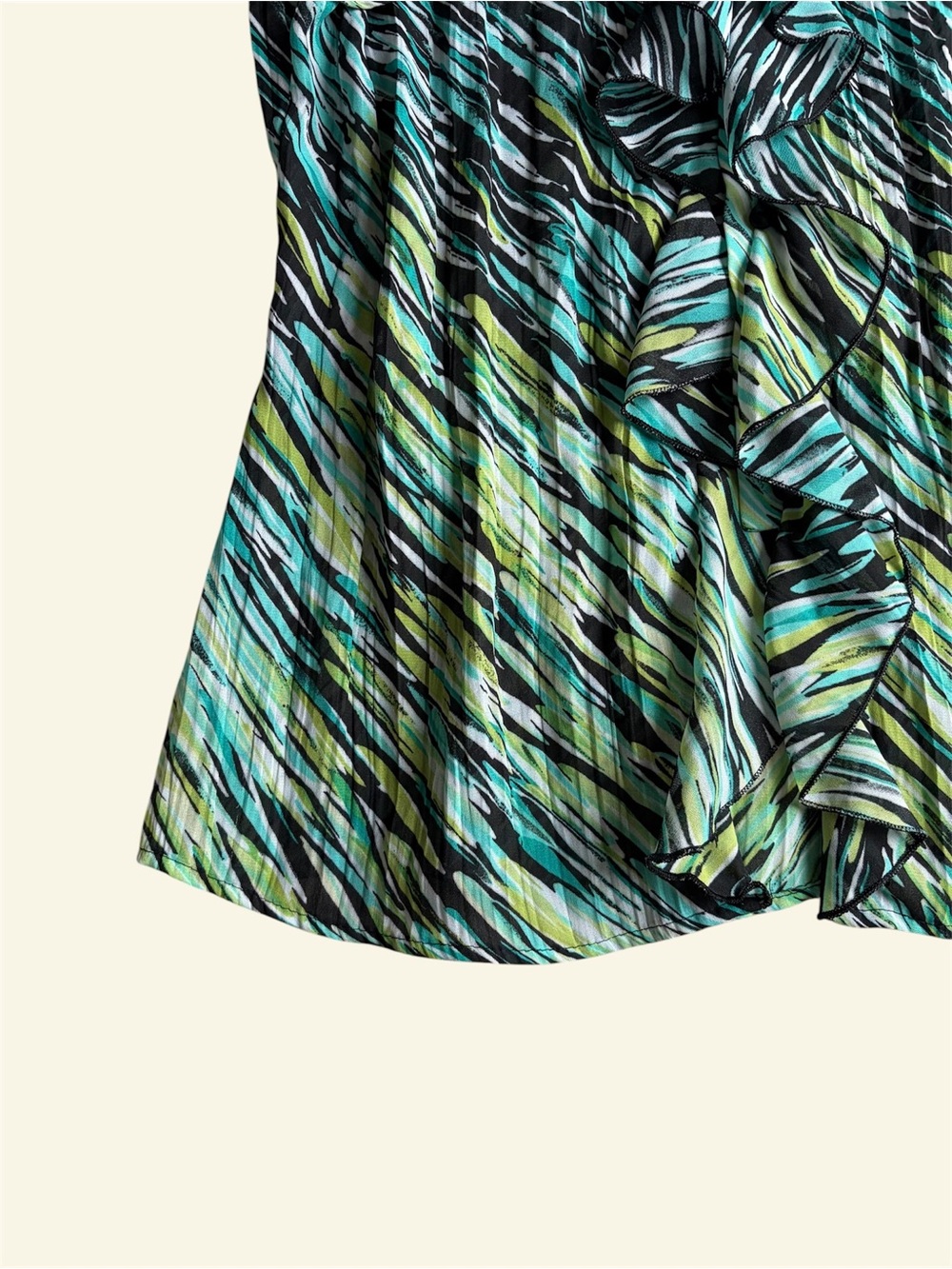 Style & Co Vintage Y2K Teal Green Abstract Ruffle V-Neck Pleated Blouse Size 14 - Picture 3 of 8